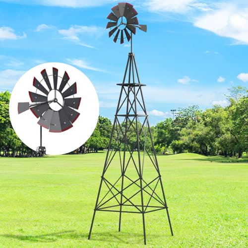 TANGZON 248cm/253cm Metal Windmill, 8FT Ornamental Wind Vane Wheel with Ground Stakes, Outdoor Weather Resistant Weather Vane Measuring Tool for Garden Yard Lawn(67 x 67 x 253 cm,Gray)