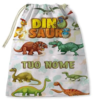 Sacca Asilo Sacchetto porta bavaglini tovagliette ecc Scuola Materna/Elementare, Nido,Sport, personalizzato con nome bambino regalo inizio scuola (dinosauri trex)