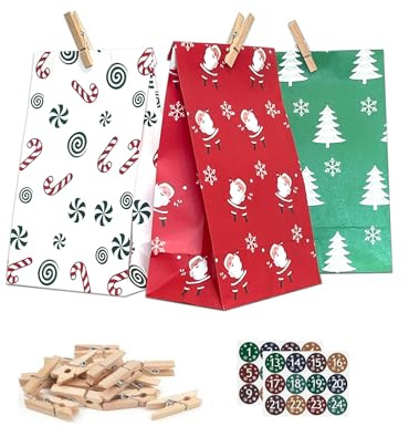 MIUTME Adventskalender zum Befüllen,2026 mit 24 Weihnachts-Papiertüten,Weihnachtskalender zum Befüllen mit Aufkleber und Holzklemme