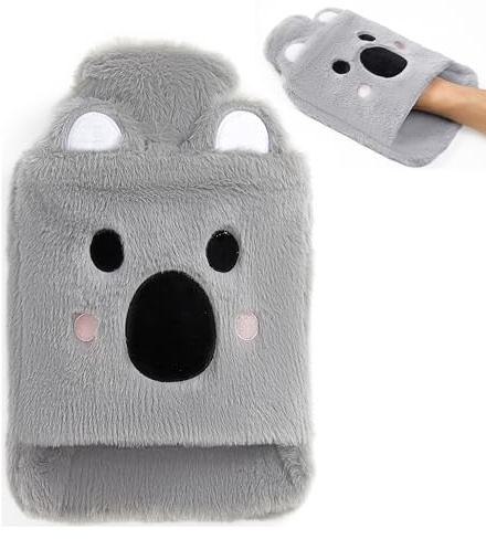 Dasellfa Varmvattenflaska handvärmare, värmeflaska, varmflaska med överdrag, varmflaska djur för barn och vuxna, varmflaska med fluffigt överdrag, gåvor, för smärtlindring (grå koala, 2000 ml)
