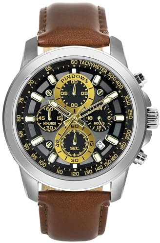 PINDOWS Armbanduhren für Herren, analoge Chronograph-Quarzuhren für Herren, wasserdicht, Business- und Freizeitkleidung mit schwarz-braunem Lederband