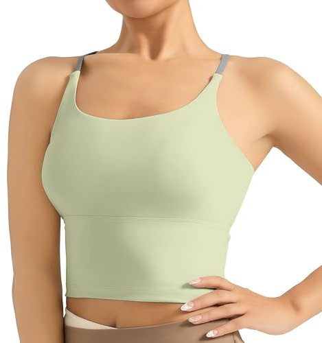 Attraktiv damsportlinne, basic topp ärmlös, andas och lätt för gym yoga casual kort linne med spagettiremmar, Grön + grigio, M