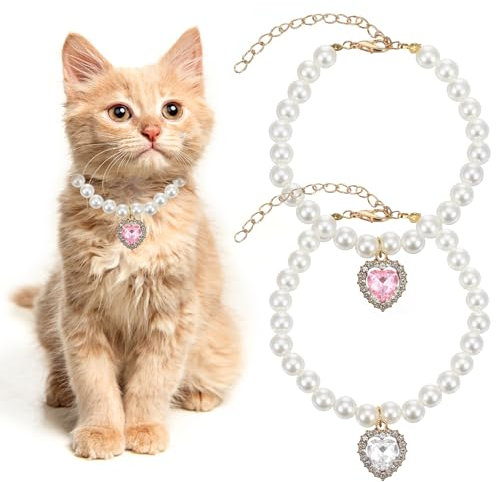 2 Stück Halsband Katze Perlen Katzenhalsband Perlenkatzenleine Hundehalsband Mit Strass Halsband Katze Bling Strass Katzen Halsbänder Verstellbares Perlen Katzenhalsbänder Weiß