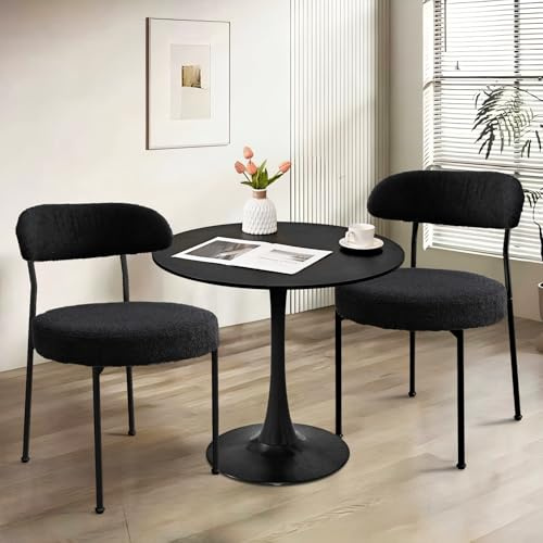 JETEAGO Dining Table and Chair Set 31.5 Black Round Table&2 Boucle Upholstered Chairs for Kitchen Dining Room Small Space 3 Piece Dining Table and Chair Set (Black)