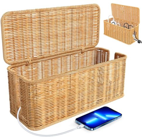 Boîte de gestion de câbles faite à la main en rotin - Organisateur sous le bureau pour fils TV, bande d'alimentation, cache l'enchevêtrement de câbles, sécurité enfants et animaux domestiques - Pour