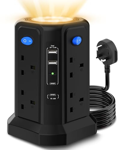Tower Extension Lead 3M with USB Slots, (13A 3250W) PD 20W Fast Charger & Night Light, 4 USB Ports & 8 Way Surge Protected Extension Lead with 4 Independent Switch, Extension Cable for Home Office