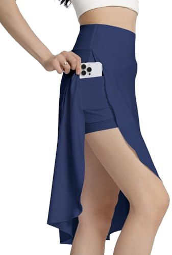 Bezioner Kort kjol för kvinnor, lång, midi-tenniskjol med shorts, innerfickor, hög midja, kort, golf, splittrad fåll, Marinblå, XL