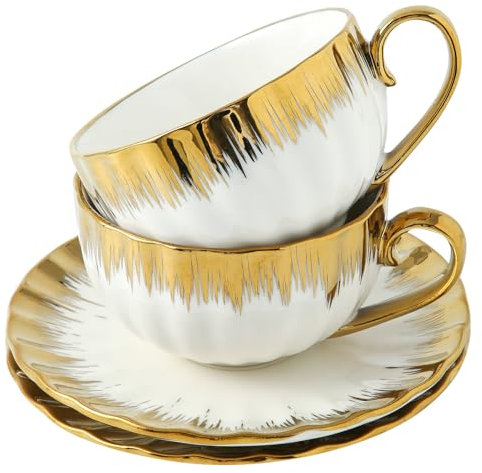 Juego de 2 tazas de café de cerámica con platillos, ribete dorado para latte, moca y au lait