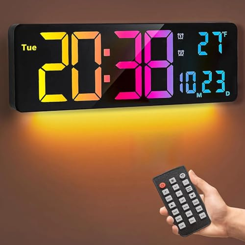 Digital väggklocka, 16 tums digital klocka med 11 RGB-färger, tid, datum, temperatur, vecka, timer, 12/24 timmar, automatisk dimning, för vardagsrum/klassrum/gym/kyrka/affär/gren