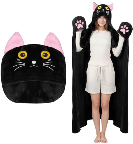 MSISILY Flauschig Kuscheldecke Mit Ärmeln, Schwarze Katze Tragbare Decke Sofa Decke Geschenk für Frauen