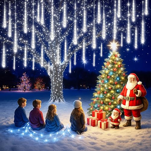 Harnyles Weihnachtsbeleuchtung Außen Innen: 8 Röhren Meteorschauer Lichterkette - Wasserdichte 192 Led Lichterkette für Weihnachten Halloween Baum Hof Zimmer Party Balkon deko, Stecker in, Weiß