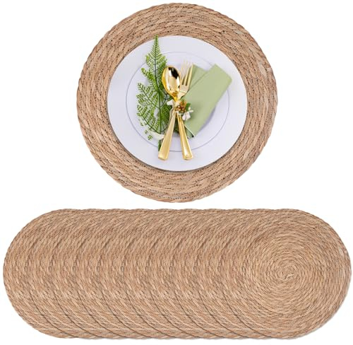 10 Pack 13 in Round Woven Placemats Plate Chargers,Rattan Wicker Table Mats Jute Braided Chargers for Dinner Plates，Boho Farmhouse Rustic Woven Place Mats for Dining Table Decor