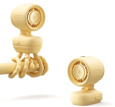 JISULIFE Mini ventilatore per passeggino, portatile, a batteria, con clip, con luce notturna, 5 velocità, display LED, supporto rimovibile e flessibile - Giallo