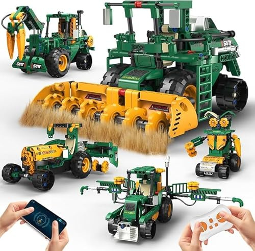Teknikrobot för barn, 5-i-1 robotbyggsats med app och fjärrstyrd RC teknikrobot byggsats/traktor/kombajn/vattentank, 313 delar RC programmerbar present för pojkar 5–10 år
