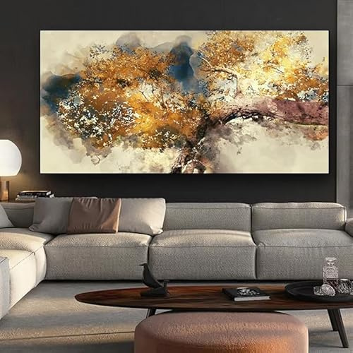 LSYALUCK Moderne abstrakte Poster, Kunstdrucke, Leinwandbilder, abstrakte goldene Geldbaum-Bilder für die Wohnzimmerdekoration 80x160cm/32x63 Zoll Innenrahmen