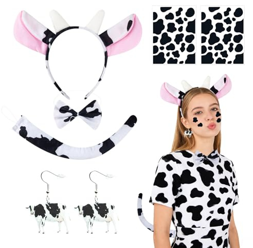 6 Stk. Kuh Kostüm Damen Set - Kuh Haarreif Erwachsene mit Kuh Ohren, Fliege, Schwanz, Ohrringe & Sticker. Lustiges Kostüm Kuh Zubehör für Karneval, Fasching, JGA & Mottoparty