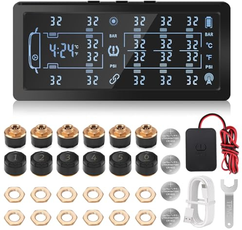 Liwogi 13Bar/199Psi TPMS Sistema de Control de Presión de Neumáticos 10/12 Ruedas para Camiones con 12 Sensores Externos Sistema de Control Solar Neumáticos para Van Camión Trailer ELV