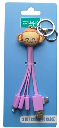 WONDEE Mr Wonderful 3-in-1-Universal-Ladekabel, 1,2 m, Affenpuppe, 3-in-1-Multiconnector-Kabel, USB auf USB C/Lightning/Micro-USB, kompatibel mit Apple, iPhone, Samsung und allen