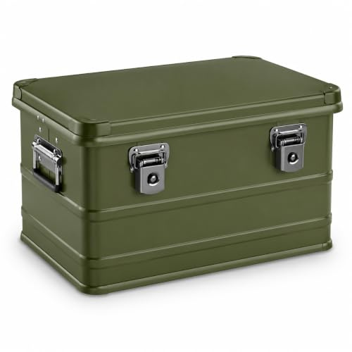 SFTYEI Caja de almacenamiento de aluminio de 50L en color plateado, con tapa, cerradura, asas, junta para camping (verde oliva)