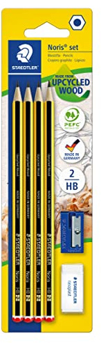 Staedtler Noris 120S1 BK4DST, Lápices de madera certificada, Blíster con 4 lapiceros, una goma de borrar y un sacapuntas, Multicolor, Juego de 6 piezas