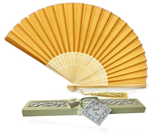 Rangebow Dark Gold Yellow Fabric Hand Fans Pack of 6 with Tassel Laser Cut Folding Fan Box Handheld Foldable for Women, A Grade Bamboo Ribs
