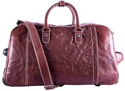 Alpenleder Reisetasche mit Rollen - ROM (Handgefertigt) - Nachhaltiges Bio-Leder aus regionaler Landwirtschaft | Trolley Reisetasche für Damen & Herren Leder *Fair Produziert* (55x30x30cm, Brandy)
