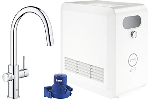 GROHE Blue Professional Duo Kit - Kitchen Mixer Tap for Filtered, Chilled and Sparkling Water (High Swivel C-Spout with Pull-Out Spray Head, Includes Cooler Unit), Chrome 31325002