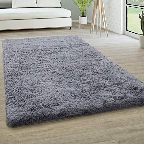Paco Home Hochflor Teppich Wohnzimmer rutschfest Fellteppich Shaggy Flauschig Weich Modern Kunstfell Fell Imitat Einfarbig, Grösse:120 cm Rund, Farbe:Grau
