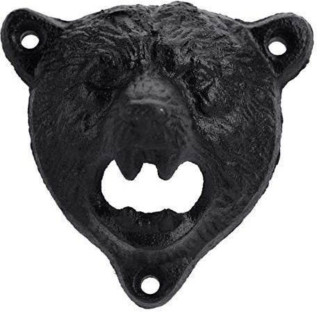 1pc Wall Mounted Bottle Opener, Cast Iron Black Bear Head Top Opener, Grizzly Bear Teeth Bite Bottle Cap Opener for Installing on Kitchen, Bar, Restaurant, 9x9x6.5cm/3.54x3.54x2.55inch