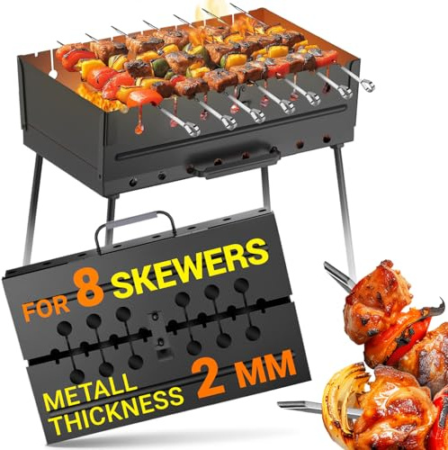 Barbecue au charbon de bois pour 8 brochettes – Barbecue portable 42 x 30 x 40 cm – Mangal pliable en métal – Shish kebab – Barbecue pour pique-nique, cuisine en plein air, camping, randonnée