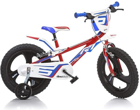 Dino Bikes Kinderfahrrad Jungen 14 Zoll mit Bremsen am Lenker Stützräder Rot Blau Weiss