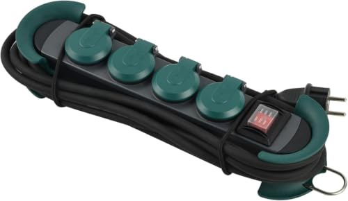 BACHMANN - Hook Outdoor 4-Fach Steckdosenleiste mit Klappdeckel. Mehrfachstecker mit 4 Steckern, Schalter und Haken. Farbe Schwarz & Grün. Kabellänge 4m H07RN-F 3G 1,5 mm²