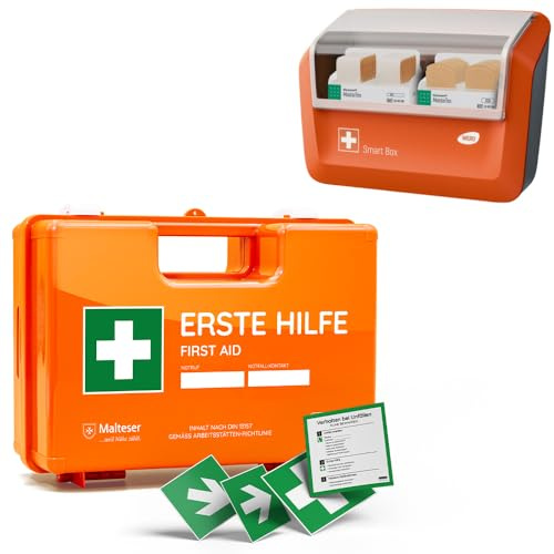 Erste Hilfe Koffer nach DIN 13157:2021 inkl. WERO Smart Box, Wandhalterung und Aufklebern - Verbandkasten - Kasten - Verbandskasten - Betriebsverbandkasten - Betriebe Zuhause Einrichtungen - orange