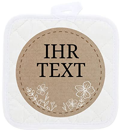 Topflappen & Topfuntersetzer, Motiv Papierdekor, 2er Set, 17 x 17 cm | Topflappen 2er Set im Papierdekor-Look mit Wunschtext – Vintage-Optik für Backstube, Landhausküche und Geschenkkorb