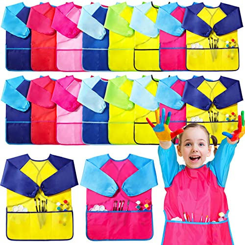 Janmercy 18 Pack Kids Art Smock Waterproof Painting Apron Toddlers Smock with Long Sleeve 3 Big Pockets for Age 3-7 Years Kid(Multi Colors)