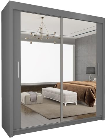 UK SLIDING 2&3 Sliding Door Wardrobe - Modern Wardrobe with Full-Length Mirror, Hanging Rail & Adjustable Shelves | Matt Finish Bedroom Wardrobes with Strong Mdf Construction (Grey, 203cm)