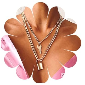 Allereya Punk Layered Lock Necklace Padlock Pendant Necklace Gold Lock Key Necklace Curb Chain Necklace Jewellery for Women and Girls Gift, Zinc, No Gemstone
