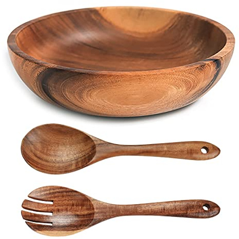 UPTALY Übergroße Salatschüssel aus Holz (28 x 8,5 cm), kein Spleißen, aus dem gesamten Stück Holz gemeißelt, mit Salatlöffel und Gabel Set (26 x 6,8 cm), Akazienholzschale, große Servierschalen