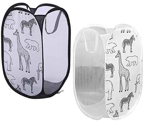 Hwtcjx Faltbarer Wäschekorb 2 Stück, Pop-up Wäschekorb Klappbar mit Mesh 30x30x48cm, Laundry Baskets mit Griffen Faltbarer Stoffkorb Pfandflaschen Sammelbehälter (Schwarz+Weiß)