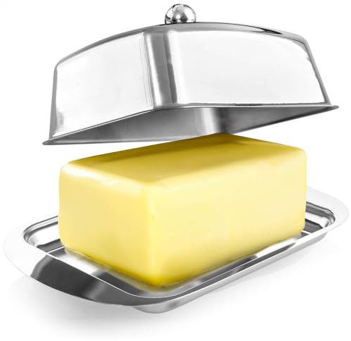 COM-FOUR® Burriera Grande in Acciaio Inossidabile - Burriera con Coperchio e Maniglia - Lavabile in Lavastoviglie - con Pomello (Acciaio inossidabile - con pomello)