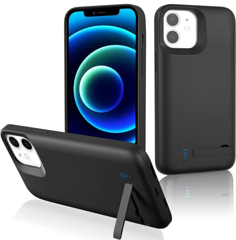 Gladgogo Akkuhülle für iPhone 12/12 Pro, 8500mAh Tragbare Ladehülle mit Ständer, Wiederaufladbar Backup-Ladegerät Schutzhülle Akku Hülle für iPhone 12 Pro, Schwarz