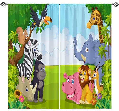YUANZU Kindervorhänge mit Tiermotiv, 107 x 160 cm (B x L), Stangentasche, Dschungel, Safari, Wildtiere, Zoo, Elefant, Giraffe, Löwe, Muster, Sichtschutz, Stoff, Fenstervorhänge für Jungen,