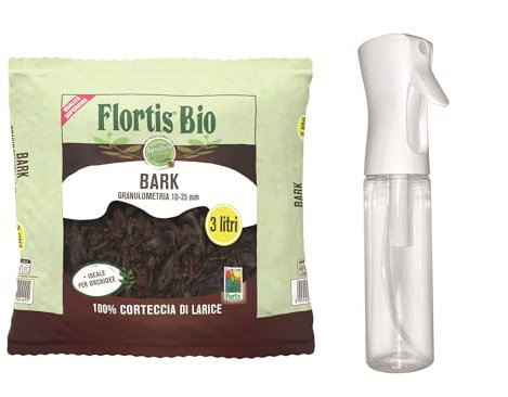 Flortis Kit Benessere Orchidee. Bark per orchidee e spruzzatore foglie. Nutri le tue orchidee con corteccia per orchidee bio e idrata con nebulizzatore. Substrato orchidee larice 100% naturale da 3L.