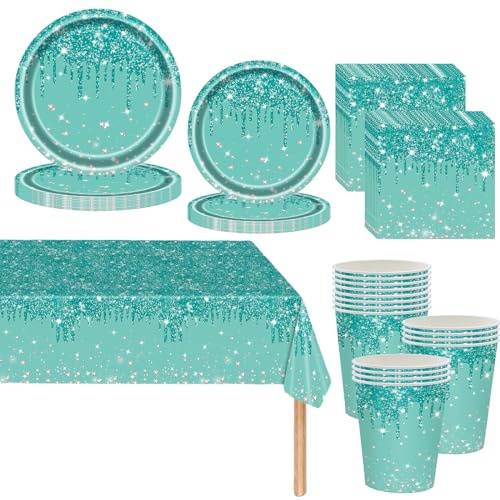 Teal Glitzer-Diamant-Partygeschirr für Erwachsene/Kinder, 81-teilig, blaugrün, Geburtstagsgeschenk, Set für Sie, Pappteller, Becher, Servietten und Tischdecke