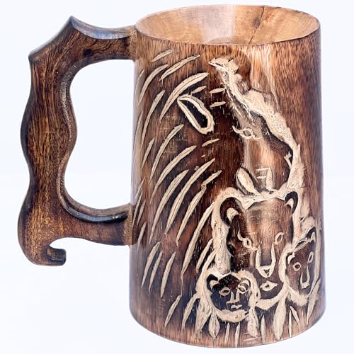 Handmade Retro Brown Cup Mug Beer Tankard Wood Carving Beer Mug of Wood Ergonomic Handle Vintage Viking Beer Barrel Mugs Retro Bar Accessories