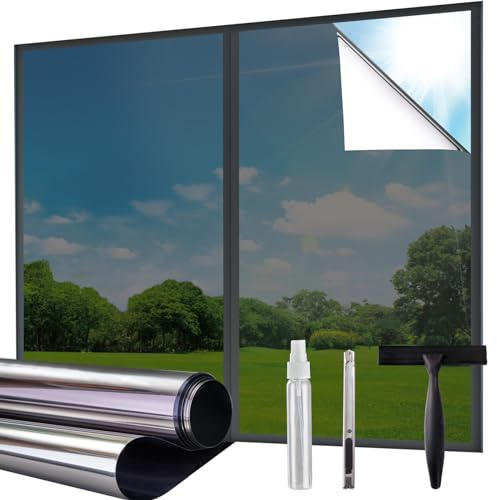 Windimiley Fensterfolie Sonnenschutz Hitzeschutz,Spiegelfolie Fenster Sichtschutz Selbstklebend,UV Schutzfolie Einseitig Blickdicht Wärmeschutzfolie für Sommer Schwarz-Silber 45x200cm