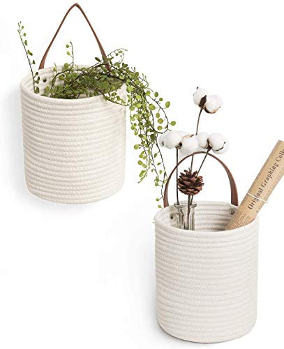 2-Pack Hanging Rope Basket Set - Woven Fern Small Storage and Plant Basket Wall Decor, Boho Style, White, 17 x 17 x 30 cm