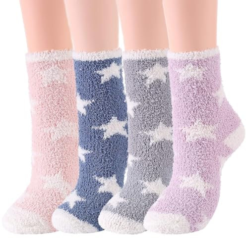 FENQURO 4 paia calzini natalizi, Calzini Donna Invernali, Calze Caldi Pelosi Morbido Calzini Termici Natalizi Regalo per le Signore, Soffici Pile di Corallo Pantofola Calzettoni Caldi