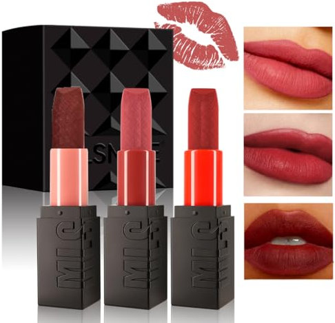 KARLOR Lippenstifte Set Matt, 3 Stück Lip stick Set Rot Rose Nude Kirschrot Braun rot, Feuchtigkeitsspendend Langanhaltend Lipsticks Lipgloss geprägt Lippenstift 24 Stunden halt Geschenkbox(Set B)