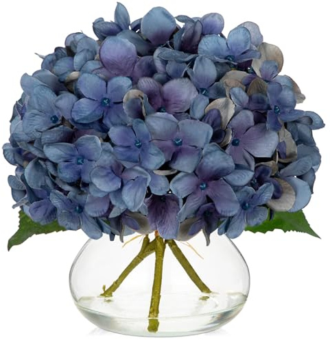 Oairse Flores artificiales de hortensias otoñales, centro de mesa, flor falsa azul oscuro en jarrón de cristal con seda de agua sintética, arreglo floral sintético para el hogar, oficina, boda